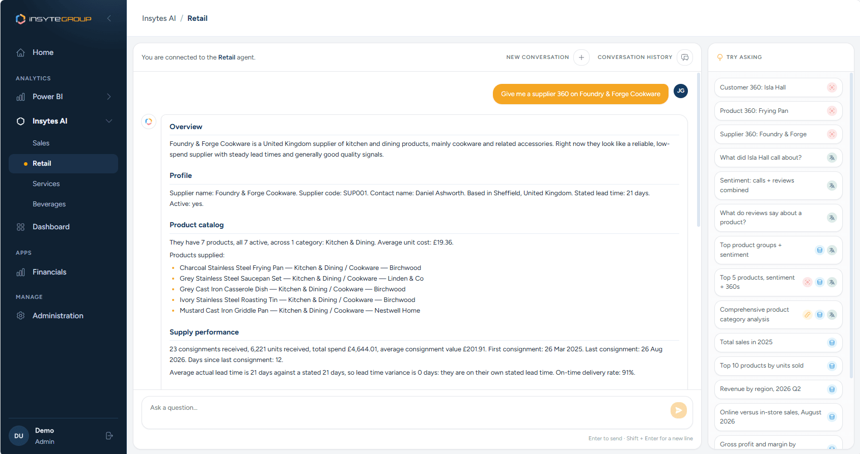 A natural language question returning a full supplier profile, product catalogue and delivery performance