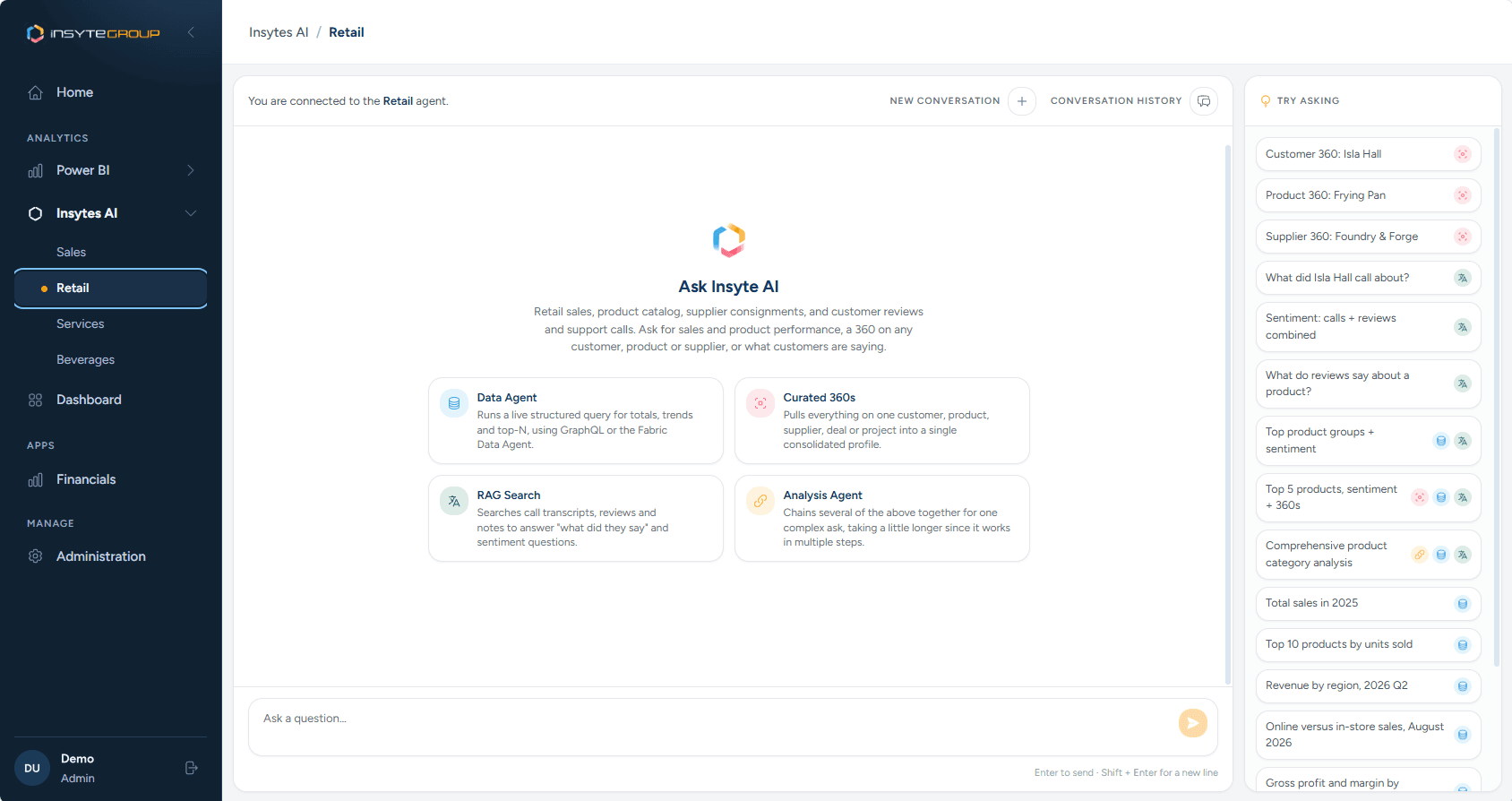 The Insyte AI retail agent with data, curated 360, search and analysis agents