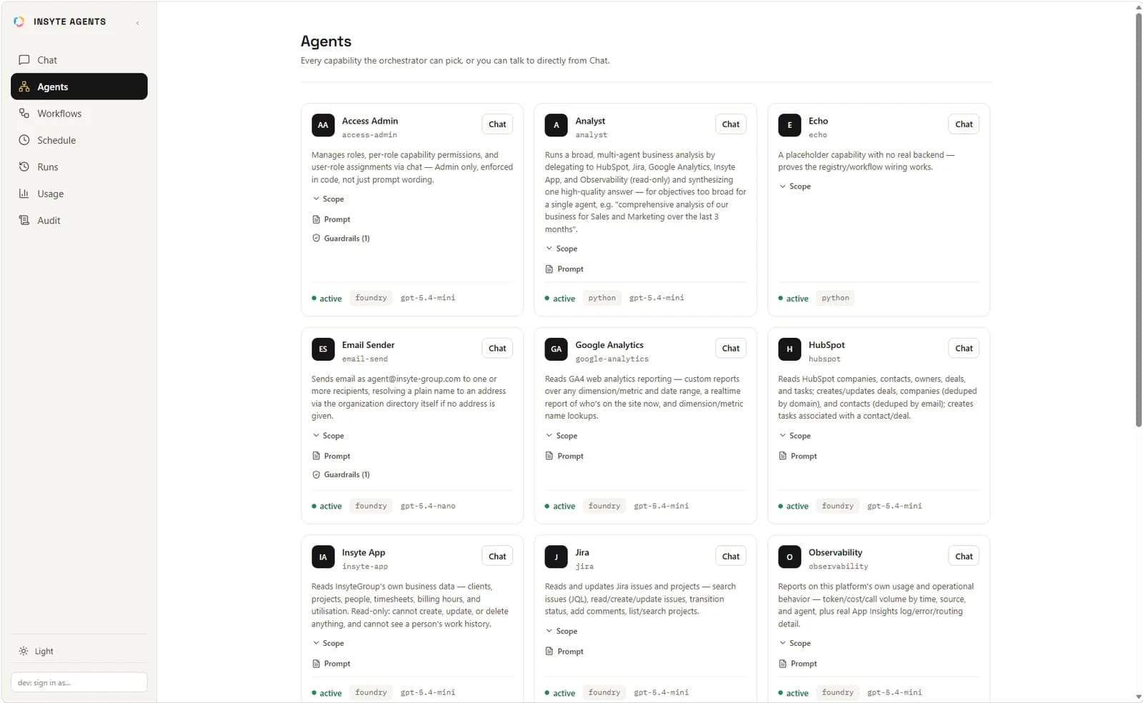 The agents page listing specialist agents such as Analyst, Email Sender, Google Analytics, HubSpot and Jira, each with its scope, prompt and guardrails