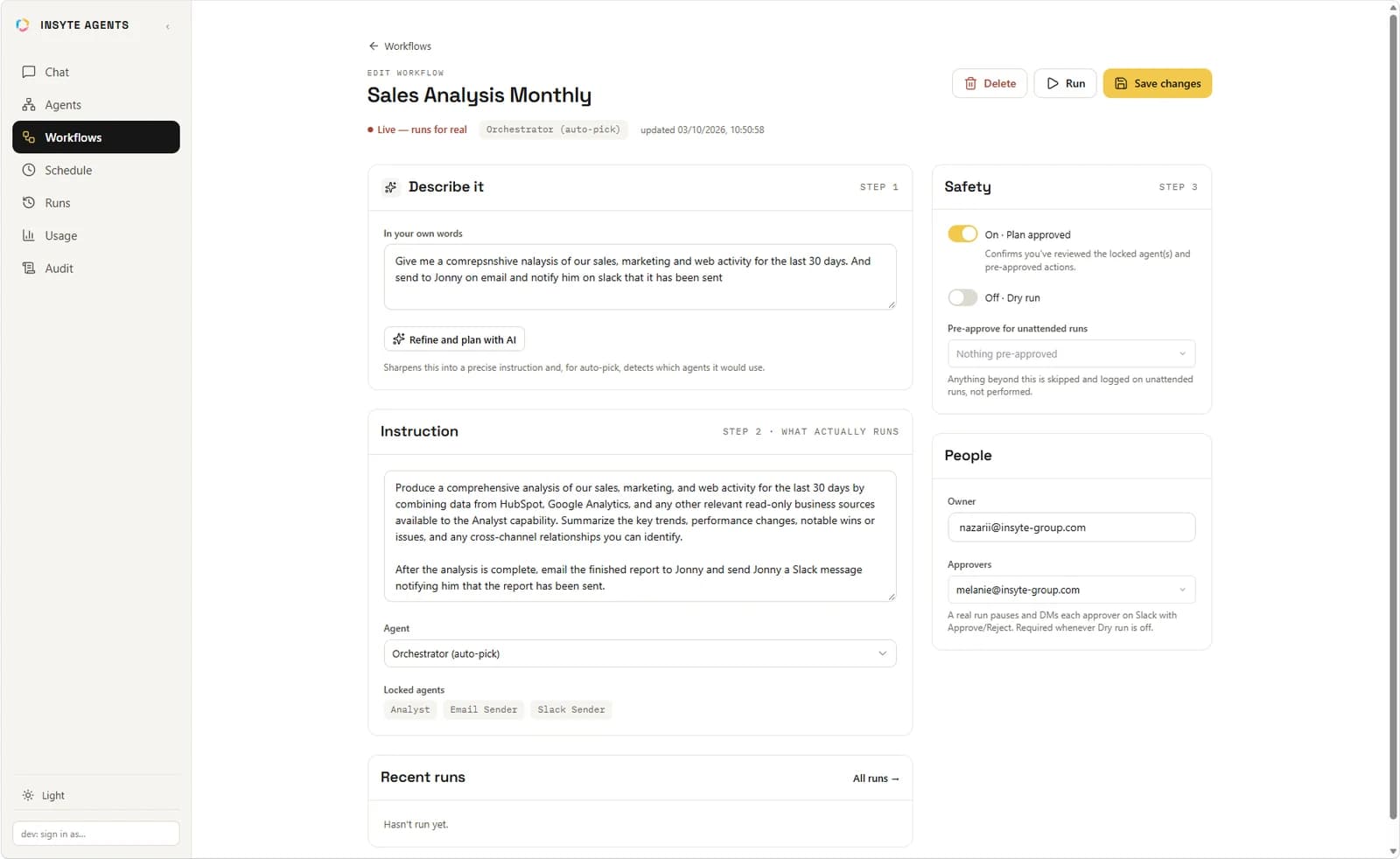 Editing a workflow: a plain-English description, a refined instruction, safety settings with plan approval and dry run, and owner and approvers