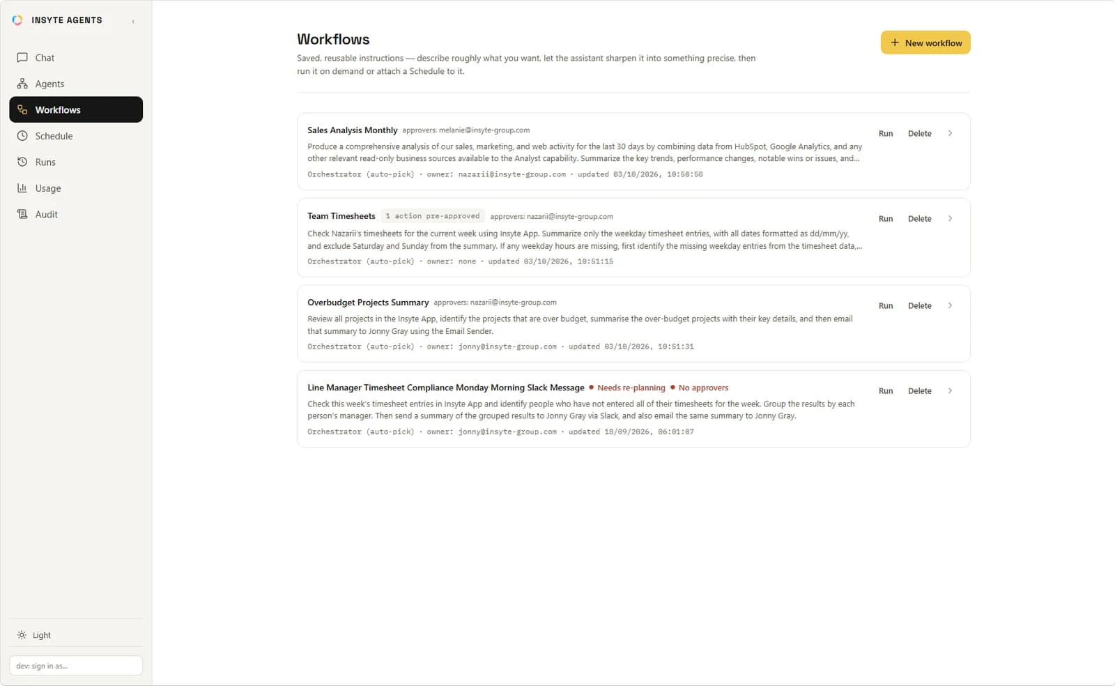 A list of saved workflows, each with an owner, approvers and Run and Delete buttons